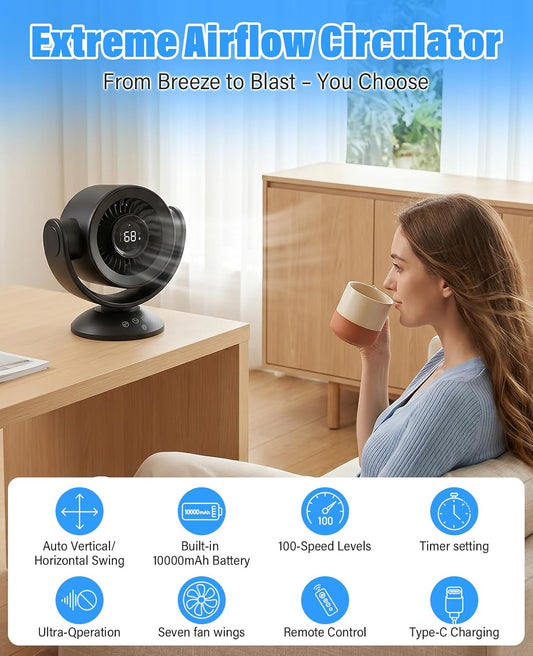 100-Speed Rechargeable Air Circulator Fan with Remote