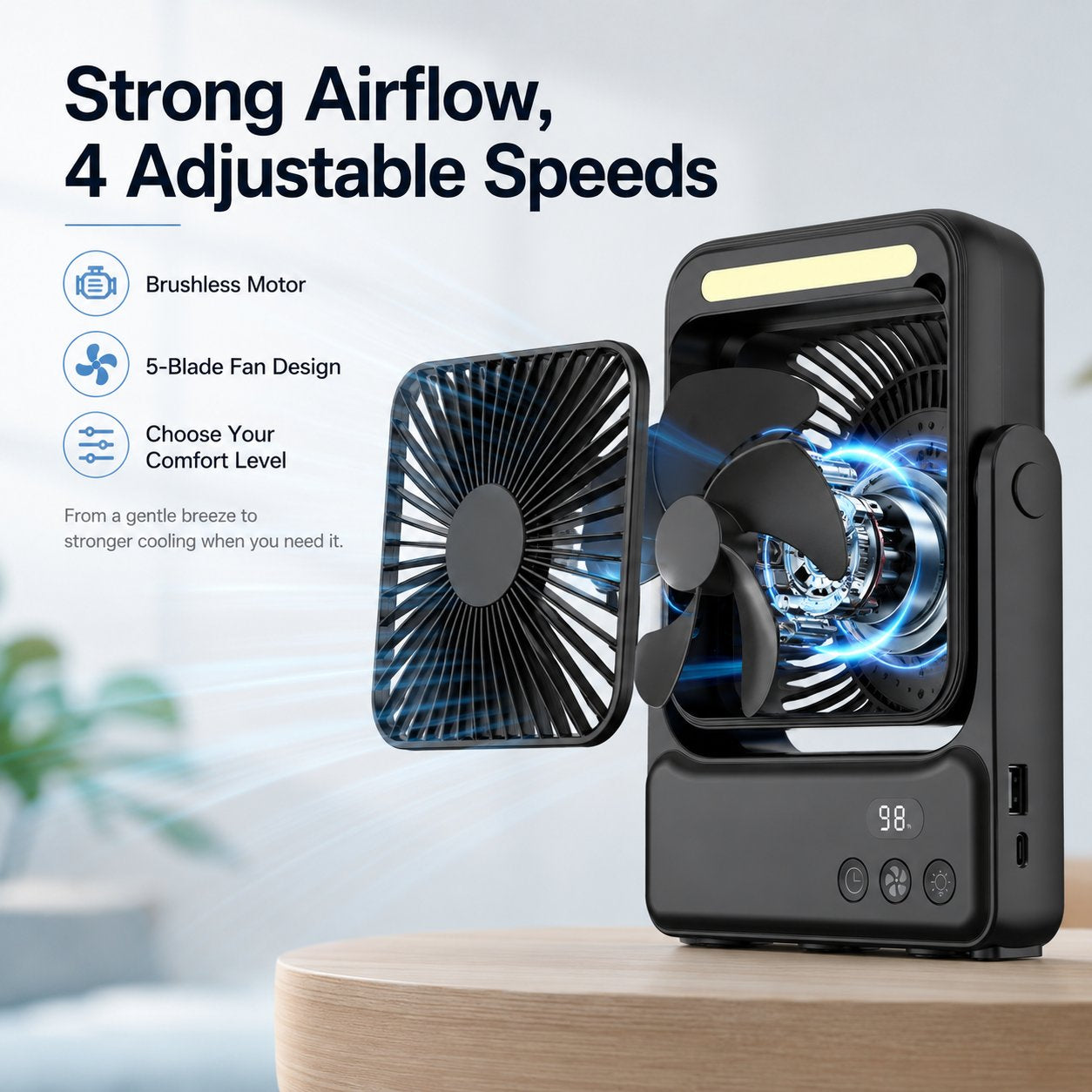 Rechargeable Magnetic Portable Fan With Light & Remote Control