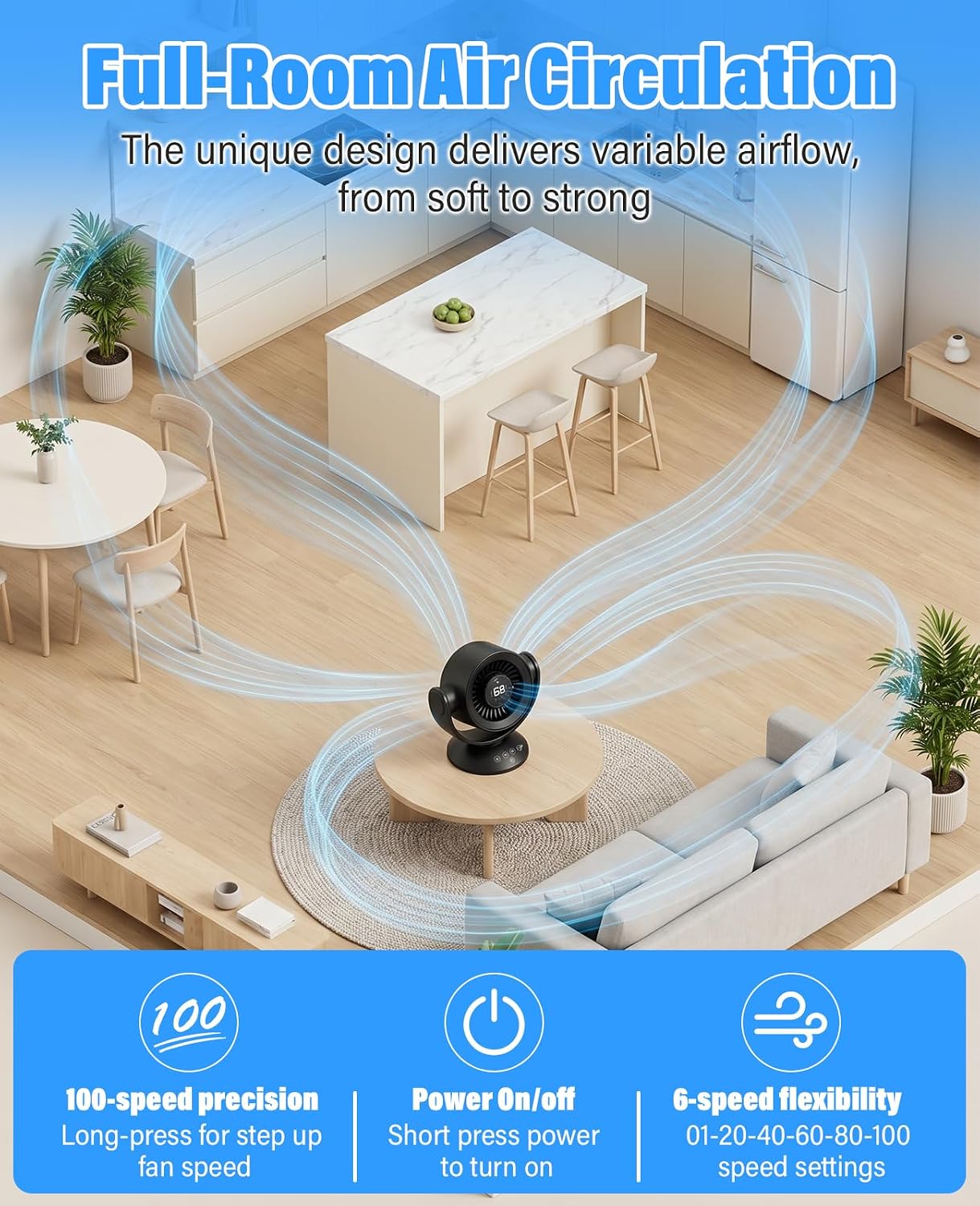 100-Speed Rechargeable Air Circulator Fan with Remote