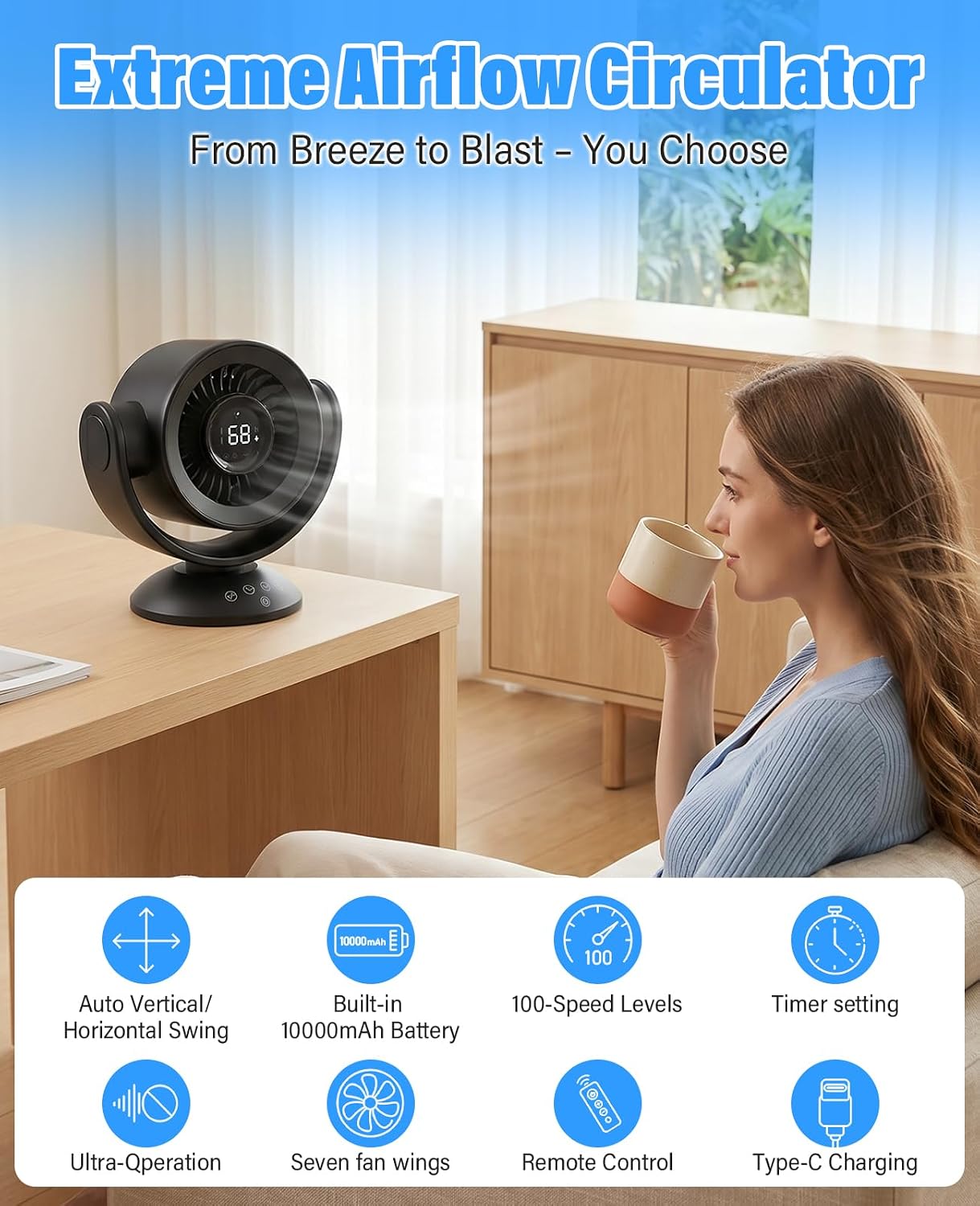 100-Speed Rechargeable Air Circulator Fan with Remote