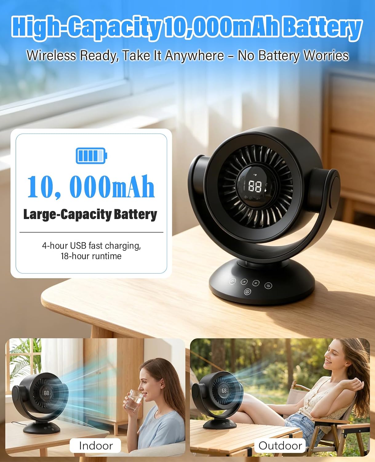 100-Speed Rechargeable Air Circulator Fan with Remote