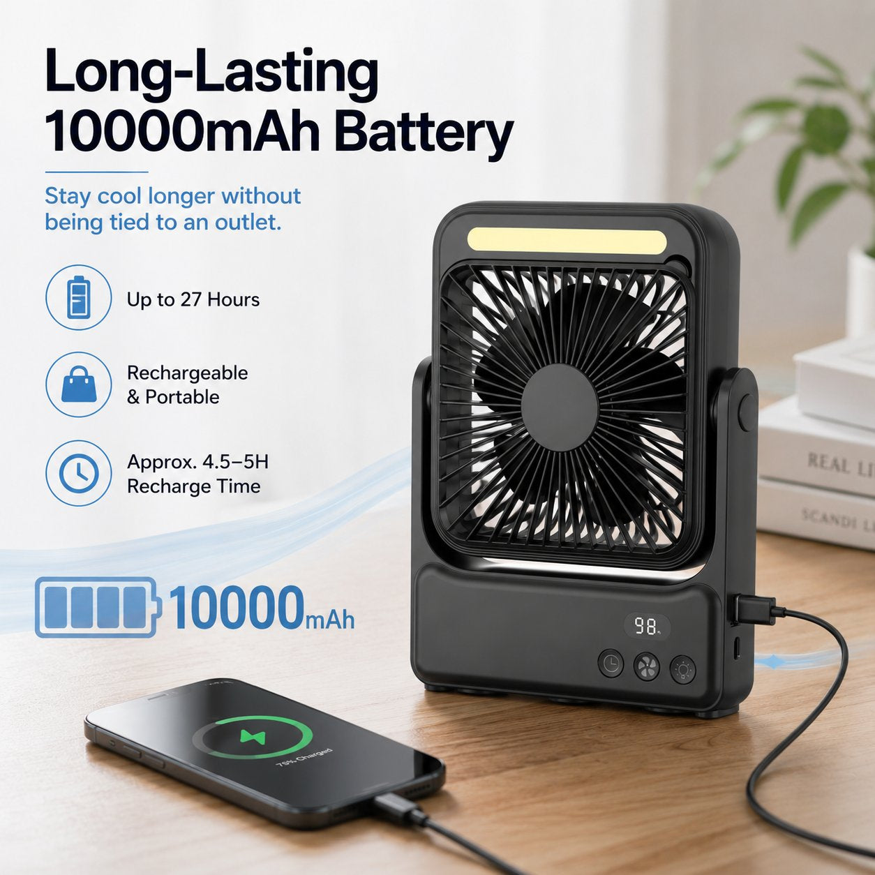 Rechargeable Magnetic Portable Fan With Light & Remote Control