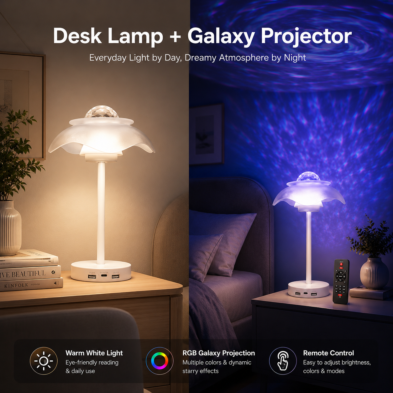 Galaxy Projector Lamp – Rechargeable Starry Sky Bedside Light with Remote Control