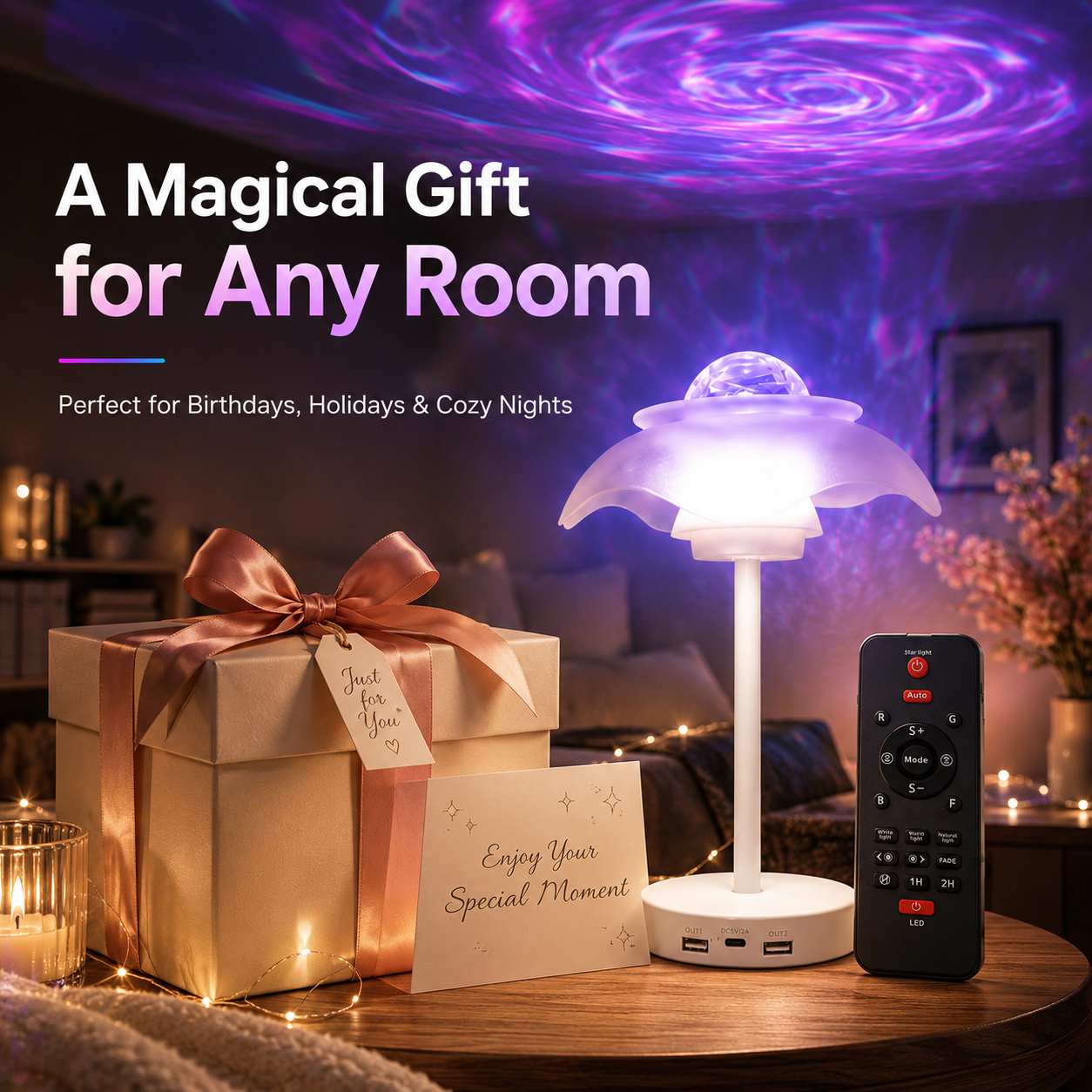 Galaxy Projector Lamp – Rechargeable Starry Sky Bedside Light with Remote Control