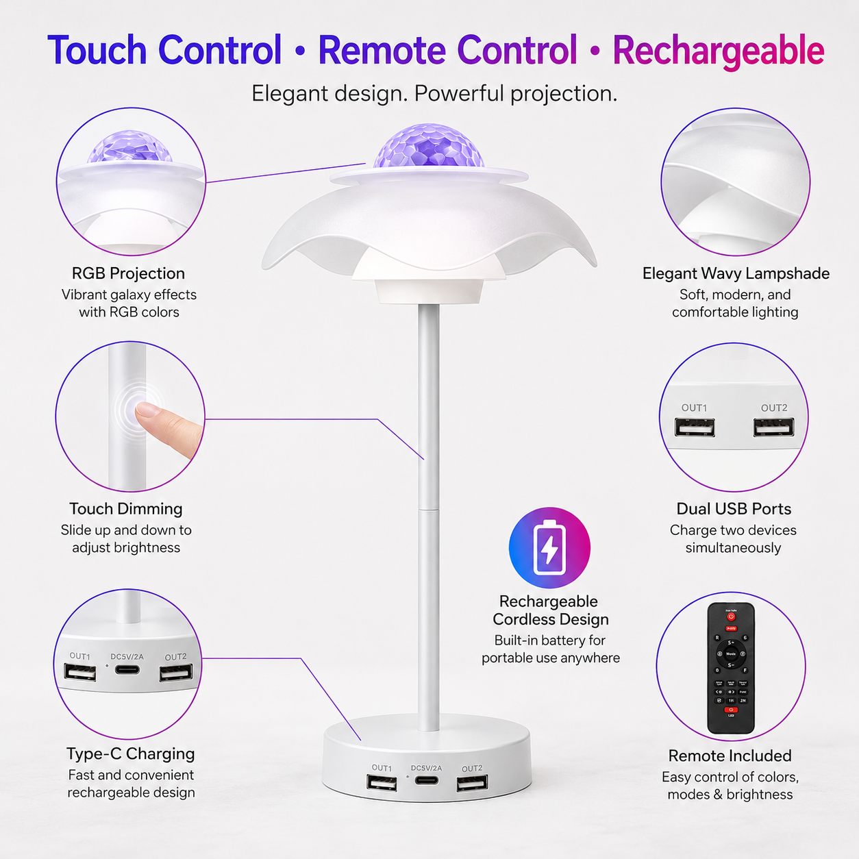 Galaxy Projector Lamp – Rechargeable Starry Sky Bedside Light with Remote Control