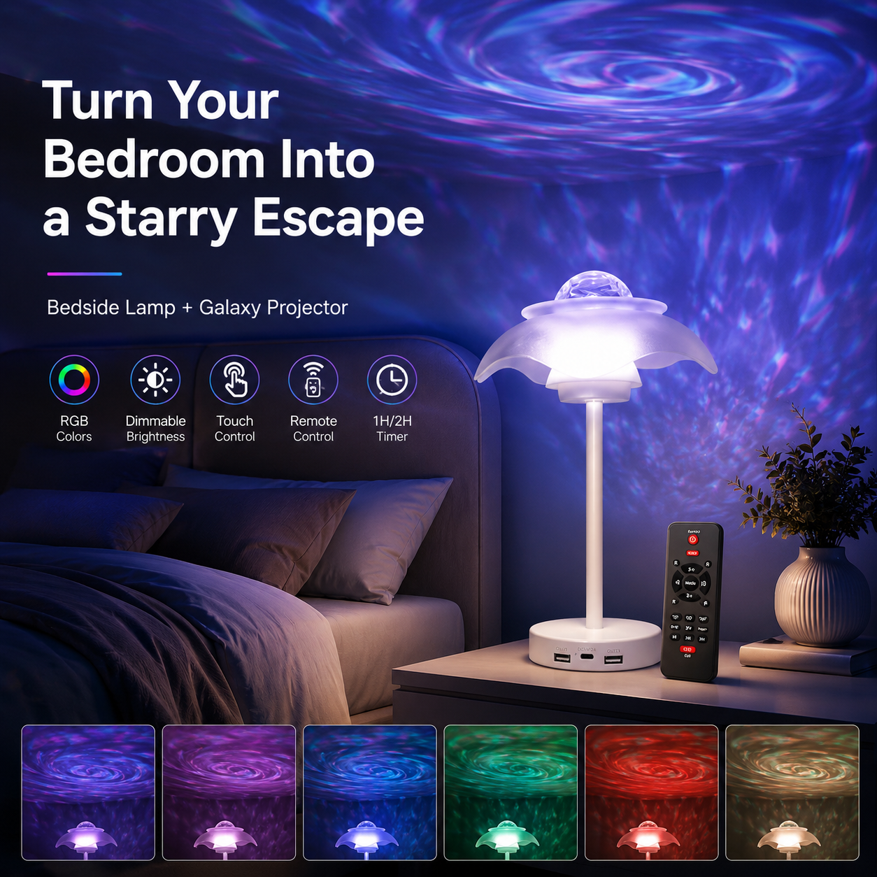 Galaxy Projector Lamp – Rechargeable Starry Sky Bedside Light with Remote Control