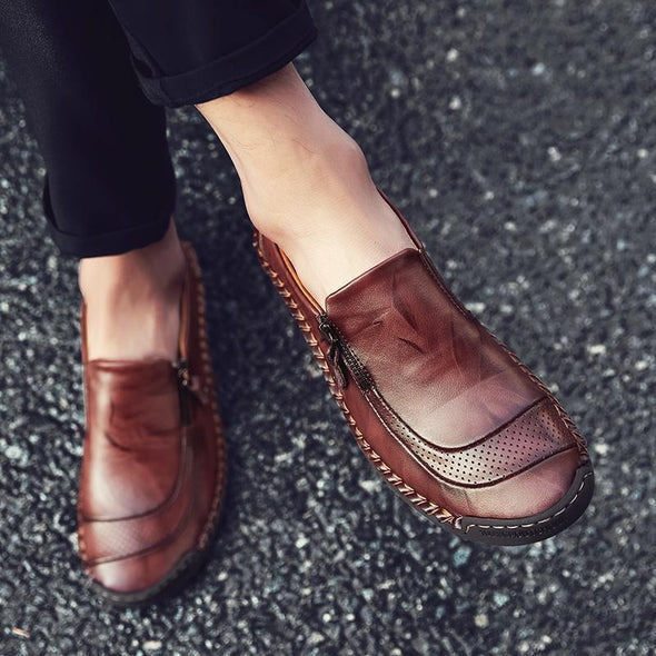 Men Hand Stitching Zipper Slip-ons Leather Shoes