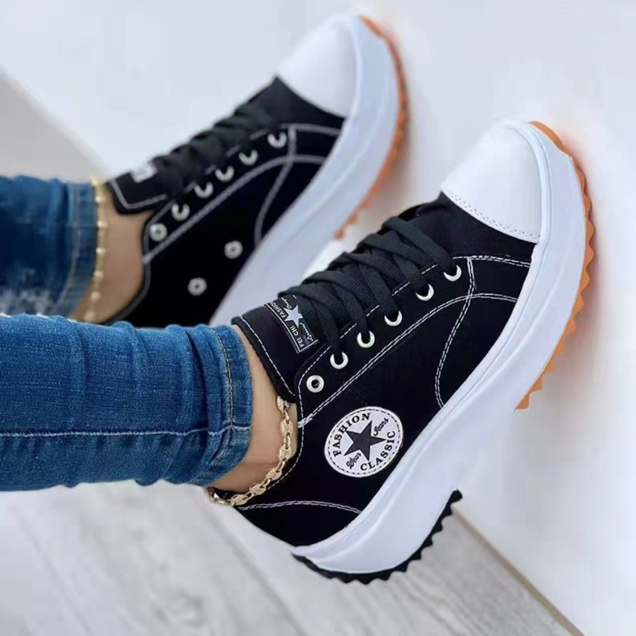 2022 round toe lace-up platform arch support canvas shoes