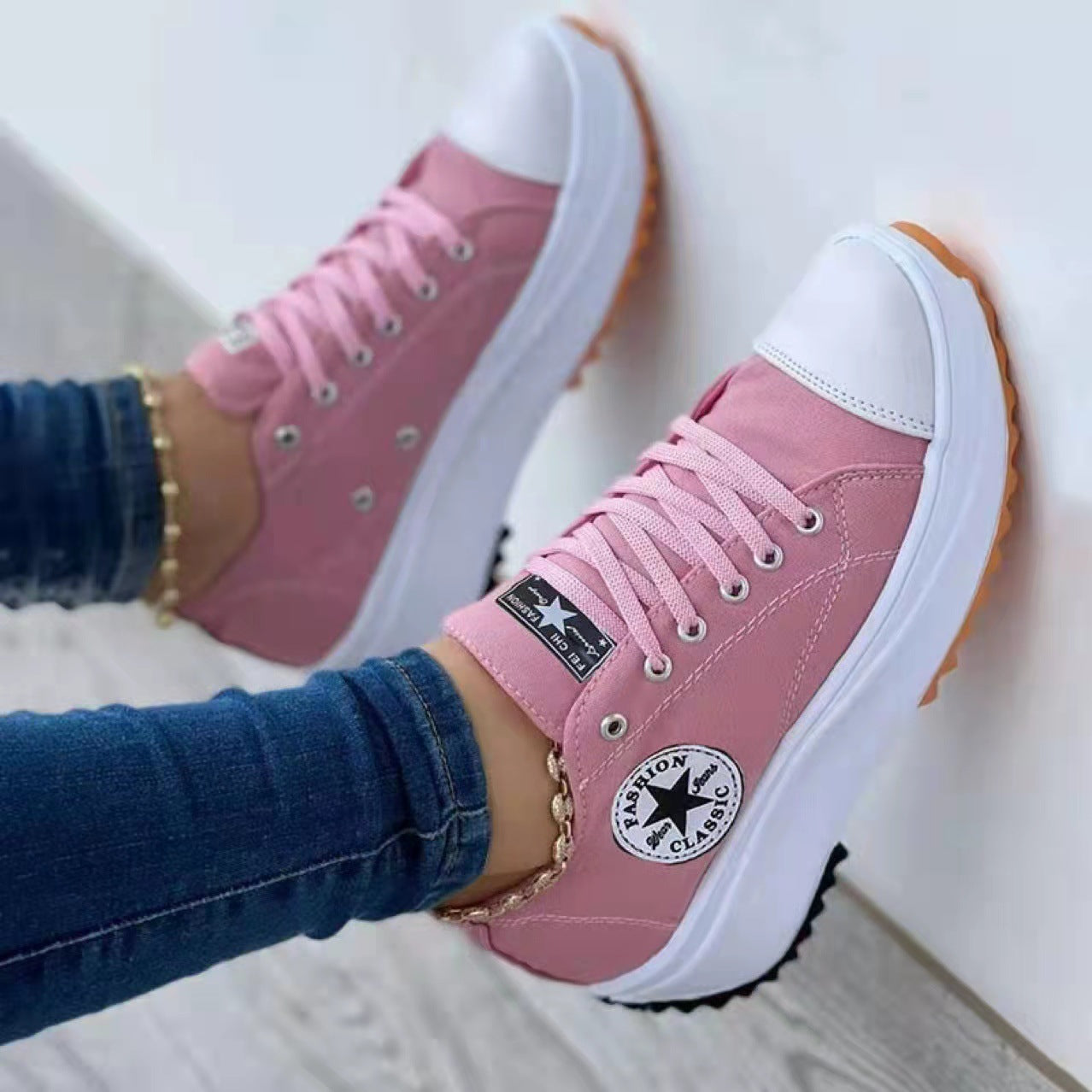 2022 round toe lace-up platform arch support canvas shoes